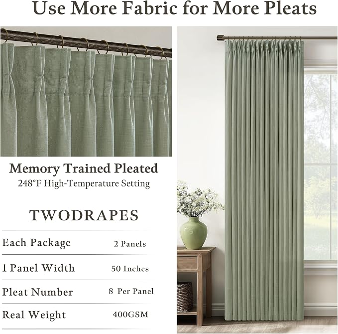 Pleated Memory Shaped Sage Green Linen Semi Sheer Curtains 50 by 80 Inch | - Image 4