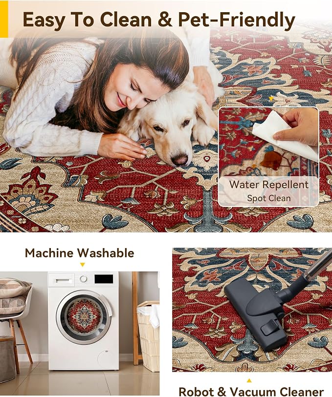 RELEANY Washable Area Rug, Round 4ft, Water Repellent, Pet Friendly, Vintage - Image 4