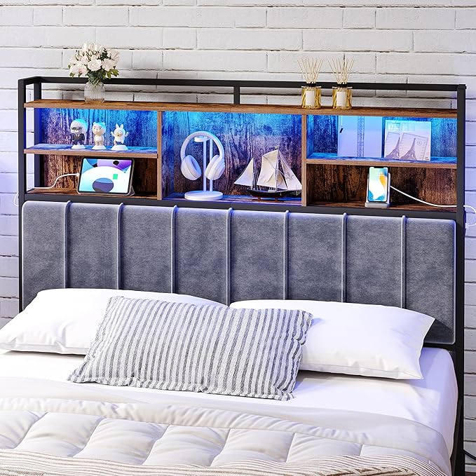 Headboard with 3-Tier Storage Shelves, Velvet Upholstered Head Board with 2 Outlets, USB Ports & LED Light, Soft Backrest for Queen Size Bed, Rustic Brown and Black BH15201BV1