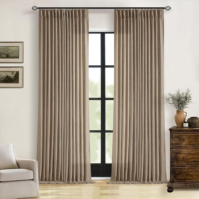 Light Filtering Flax Linen Pleat Living Room Curtains Latte 108 Inch Length | - Image 9