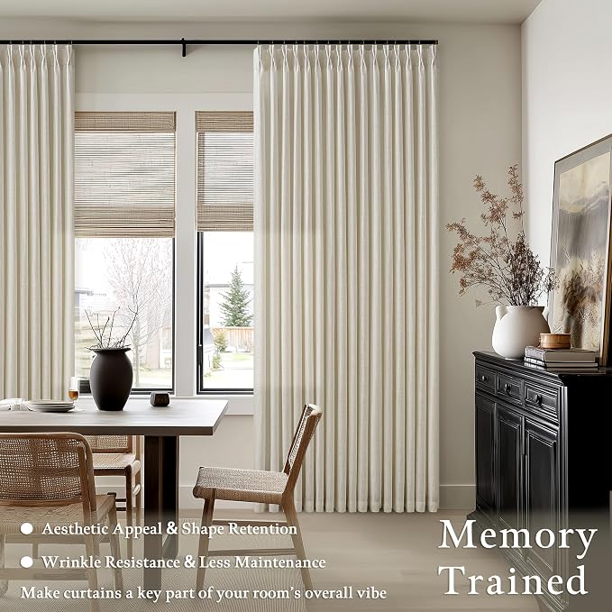 126 Inch Semi Sheer Linen Pinch Pleated Extra Long Curtains Beige Light Tan | - Image 6