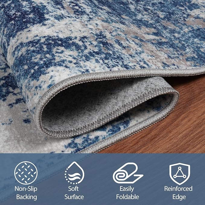 10x14 Area Rugs for Living Room Washable Dining Room Blue Grey White | Modern - Image 3