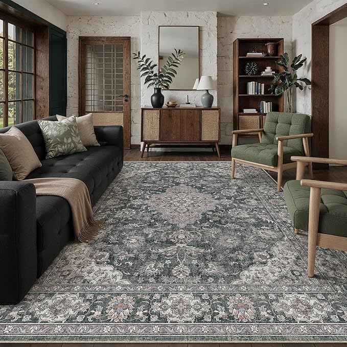 8x10 Black Grey Retro Floral Washable Area Rug by HUGEAR
