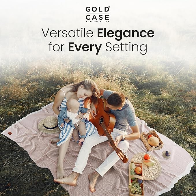 Gold Case Throw Blanket for Bed – 100% Recycled Turkish Cotton Bed Blanket – Decorative Throw Cotton Blankets for Living Room & Bedroom – Elegant Beige Woven Queen Blankets – 90x90