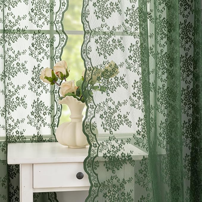 YJ YANJUN Vintage Lace Curtains-Victorian Floral Dark Green Boho 102 inch Long - Image 5