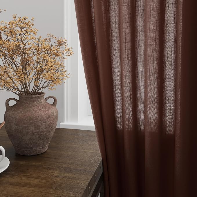 Rustic Brown Linen Curtains 63 Inches Long 2 Panel Sets - Image 4