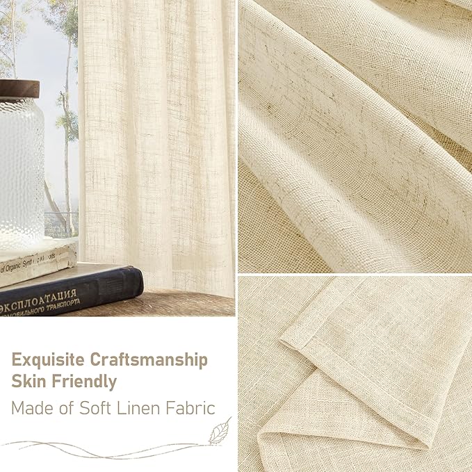 Beige Linen Curtains for Living Room 2 Panels Set, 52 x 68 Inch | 68 Inch Faux - Image 6