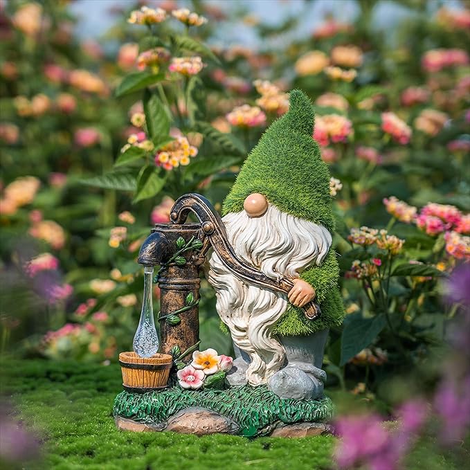 TERESA'S COLLECTIONS Garden Gnomes Decor with Solar Lights, Fathers Gifts, Green Outdoor Resin Decorations for Porch Patio, Gnome Ornaments for Dad and Mom，9"