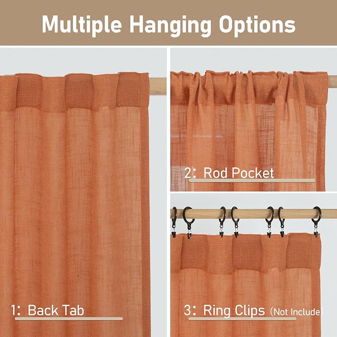Burnt Orange Linen Curtains for Living Room Bedroom 2 Panels | 84 inch Length - Image 3