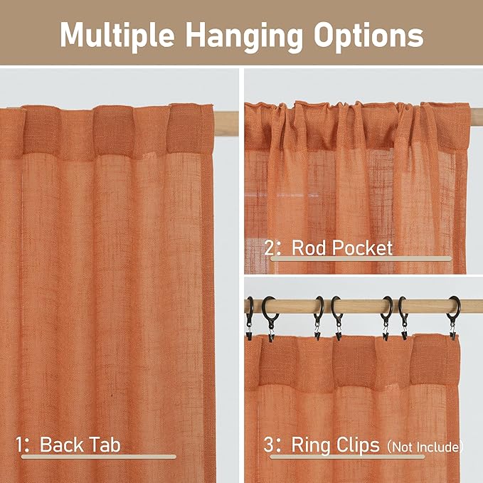 Burnt Orange Semi Sheer Window Linen Curtains 63 Inch Length | Light Filtering - Image 3
