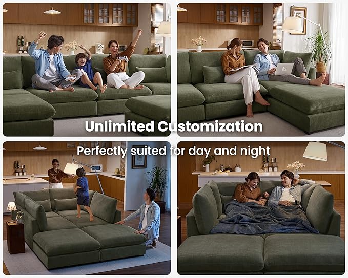 Oversized Modular Sofa, Extra Deep Cloud Chenille Sectional Couch with Ottoman Chaise, Fluffy Chenille 5 Seater Sofa Bed for Living Room, Villa (L Shape 5 Seater, Chenille Green)