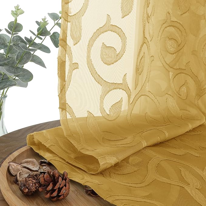 OWENIE Furman Gold Sheer Curtains 45 Inch Length 2 Panels Set - Image 7
