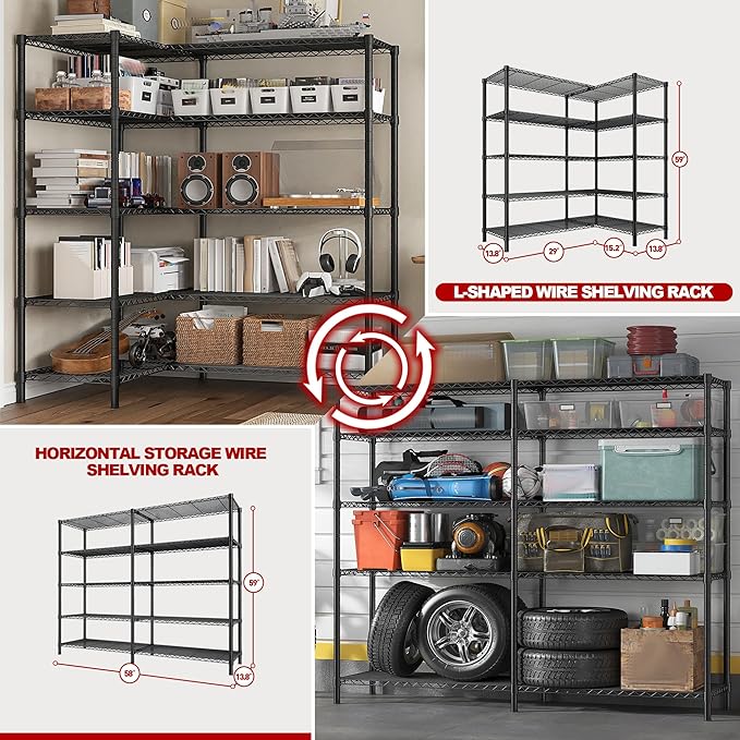 REIBII 5 Tier Wire Shelving Storage Shelves Loads 1430LBS, 58" W Metal Shelving for Storage Adjustable Shelving Unit Heavy Duty Garage Shelves Pantry Shelves Kitchen, Black