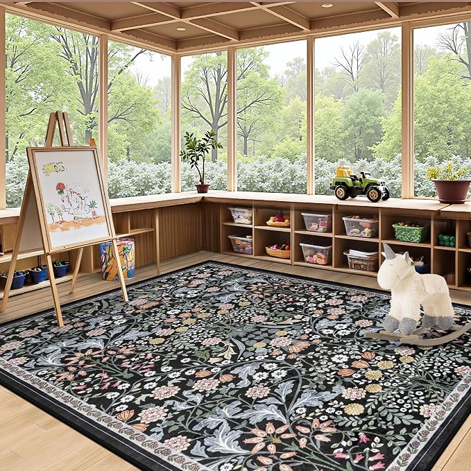 PLHXFR Area Rug Living Room: 5x7 Floral Washable Boho Carpet Dark Black | - Image 5