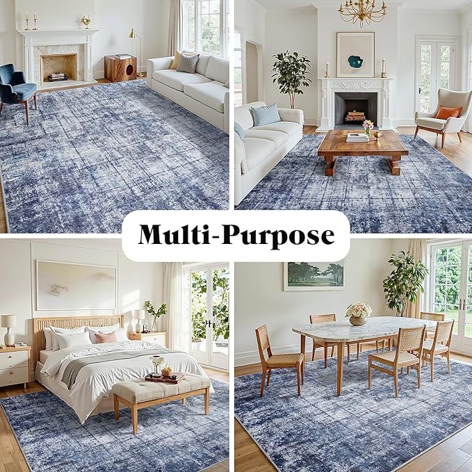 9x12 Washable Area Rug for Living Room Bedroom: Non-Slip Modern Navy Blue | - Image 3