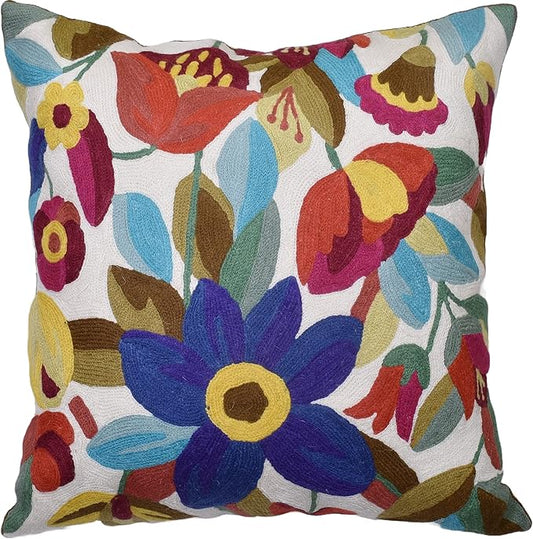 Cream Floral Pillow Cover Blue Flower Pillowcase Boho Cushion Florals Accent Throw Pillowsham Wool Hand Embroidered Size 18x18