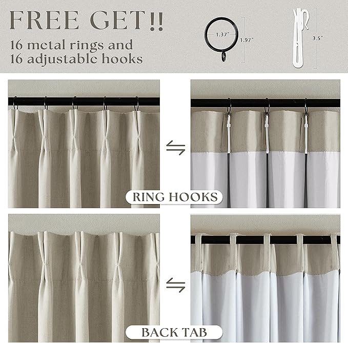 Oatmeal Beige 100% Blackout Pinch Pleated Linen 63 Inch Curtains - Image 6
