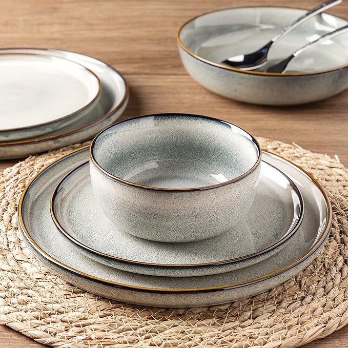 GBHOME Ceramic Dinnerware Sets for 12, 36 Pieces Stoneware Plates and Bowls Sets, Reactive Glaze Dishes -Scratch Resistant, Dishwasher&Microwave Safe, Green Wheat