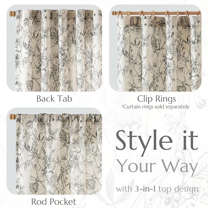 jinchan Floral Curtains 96 Inches Long Black Flower Linen Farmhouse Curtain - Image 5