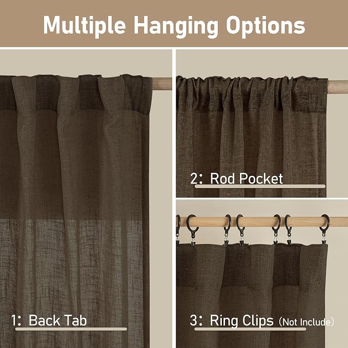 Dark Brown Sheer Linen Curtains, Light Filtering Drapes 2 Panels | 80 inch Semi - Image 3