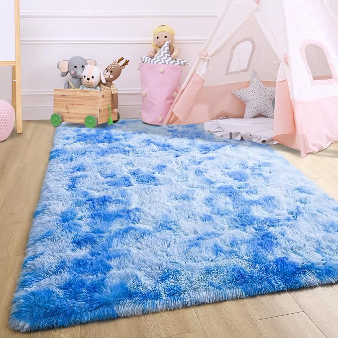 6x9 Large Tie-Dyed Blue Fluffy Soft Area Rug Non-Slip - Image 3