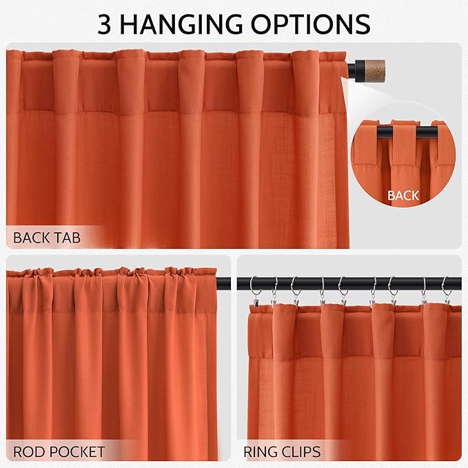 Nanspring Bright Orange Linen Blend Light Filtering Back Tab Curtains 84 Inches - Image 3