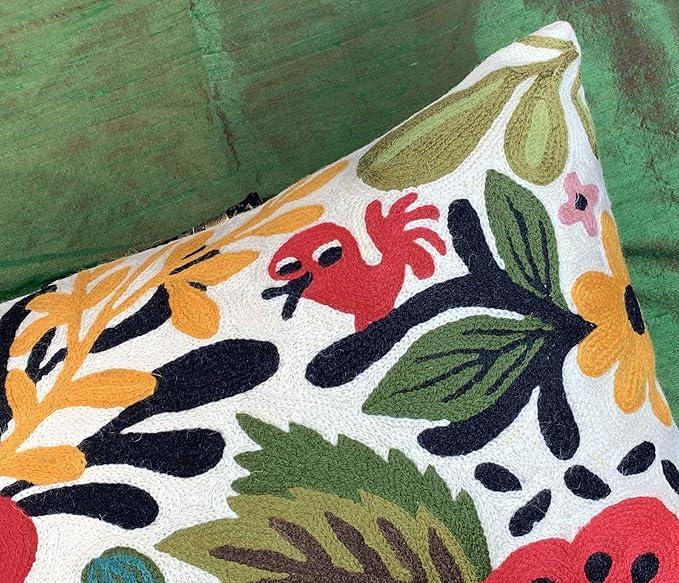 Lumbar Cream Suzani Cushions - Boho Floral Throw Pillows | Outdoor Pillows & Chair Cushions - Hand Embroidered Wool Size - 14x20