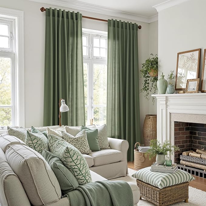 Forest Green Linen Curtains for Living Room 72 Inches Long Light Filtering Semi - Image 5