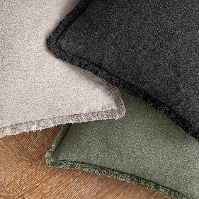 MIULEE Boho Linen Fringe Decorative Euro Throw Pillow Covers Black 22x22 | Set - Image 4