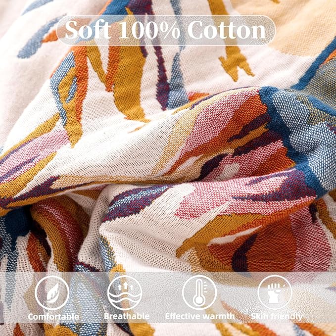 Boho Throw Blanket for Bed - 100% Pure Cotton Ultra Soft Rustic Quilt - Farmhouse Decor Bed Blankets, All Season Rustic Throw for Sofa Couch Chair(60"×80", Floral)