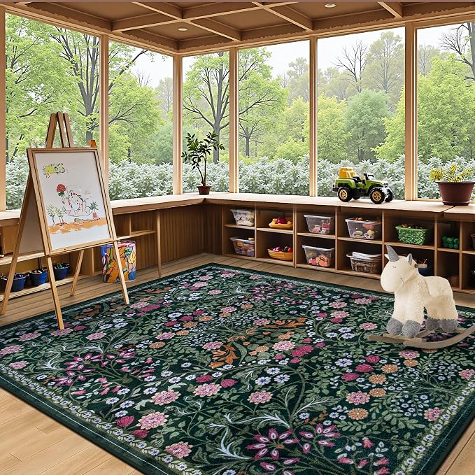 PLHXFR 6x9 Area Rug Living Room: Floral Washable Boho Carpet Dark Green | - Image 5