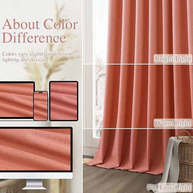 Coral 100% Blackout Linen Curtains 102 Inch Length 2 Panels Set - Image 8