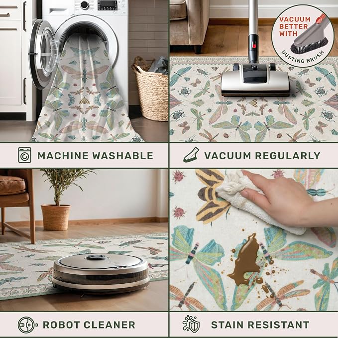 Washable Non Slip Bathroom Runner Rug 2x5, Insect Boho Bath Mat, Stain - Image 4