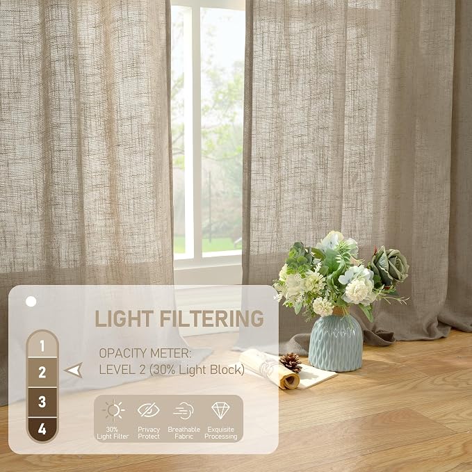 Taupe Semi Sheer Linen Curtains 2 Panels Set Light Filtering Panels | Linen - Image 4