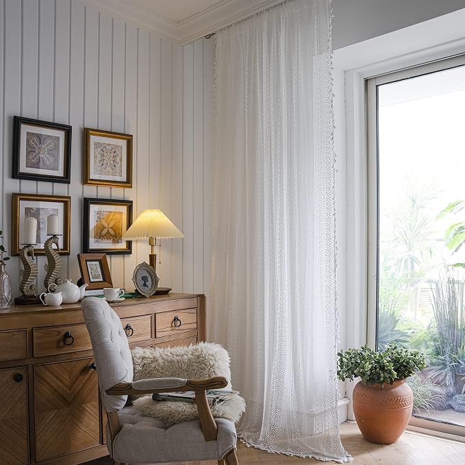 WAZZIO Boho Lace Curtains 84 Inches 2 Panel, Light Filtering Privacy Tassel & - Image 3