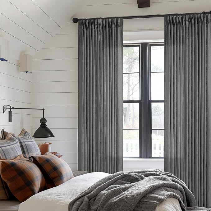 Dark Gray Linen Pinch Pleated Light Filter Curtains 102 Inches Long 2 Panels - Image 6