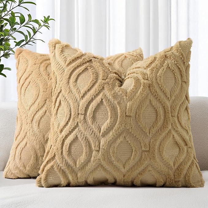decorUhome Throw Pillow Covers 22x22 Inch Set of 2, Soft Plush Faux Wool Khaki by decorUhome