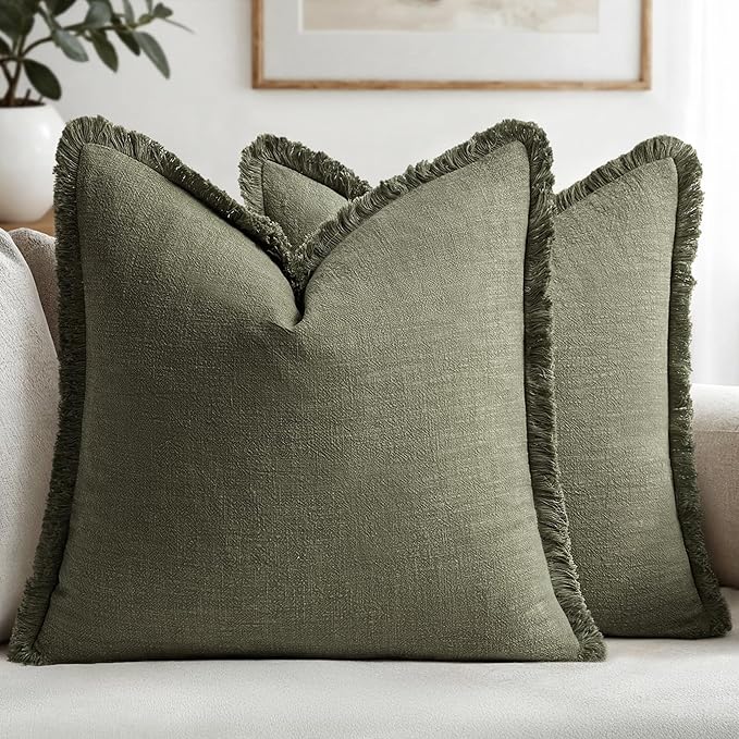 MIULEE Linen Fringe Decorative Euro Throw Pillow Covers Olive Green 26x26 | Set by MIULEE