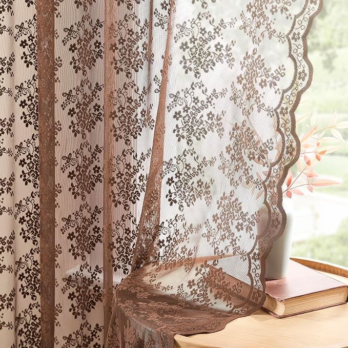 YJ YANJUN Vintage Lace Curtains 84 Inches Long-Victorian Floral Boho Brown - Image 3