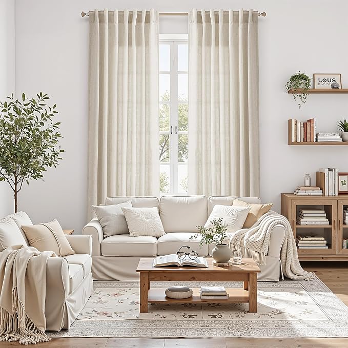 Warm Beige Linen Curtains 102 Inches Long Rod Pocket Back Tab Drapes 2 Panels - Image 4