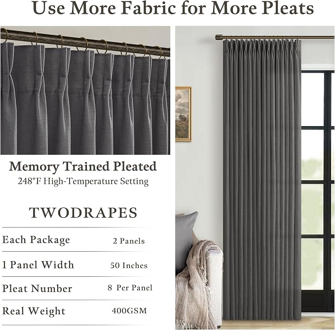 Semi Sheer Linen Blend Pinch Pleated Charcoal Grey Curtains 72 Inch Long | - Image 4