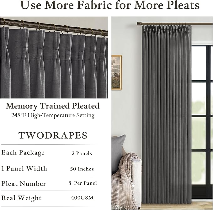 Pinch Pleat 105 Inches Linen Semi Sheer Dark Grey Curtains 50W | Charcoal Grey - Image 5