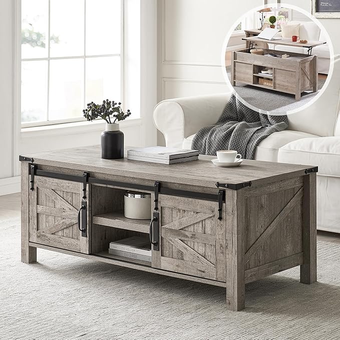 OKD 48" Farmhouse Lift Top Coffee Table with Sliding Barn Door, Rustic Center Table w/Hidden Storage Compartment, Lift Tabletop Dining Table w/Adjustable Shelf for Living Room,Light Rustic Oak
