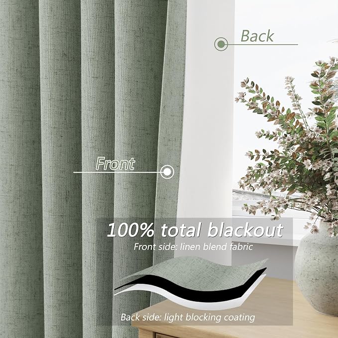 Desert Sage 100% Blackout Linen Curtains 108 Inch Length 2 Panels Set - Image 4