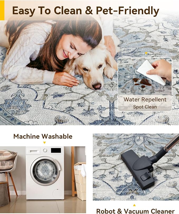 RELEANY Washable Area Rug, Round 10ft, Water Repellent, Pet Friendly, Vintage - Image 5