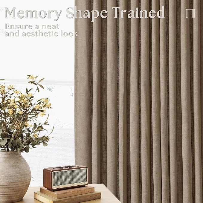 Light Brown Linen Pleat Farmhouse Light Filtering Curtains 92 Inches Long | - Image 3