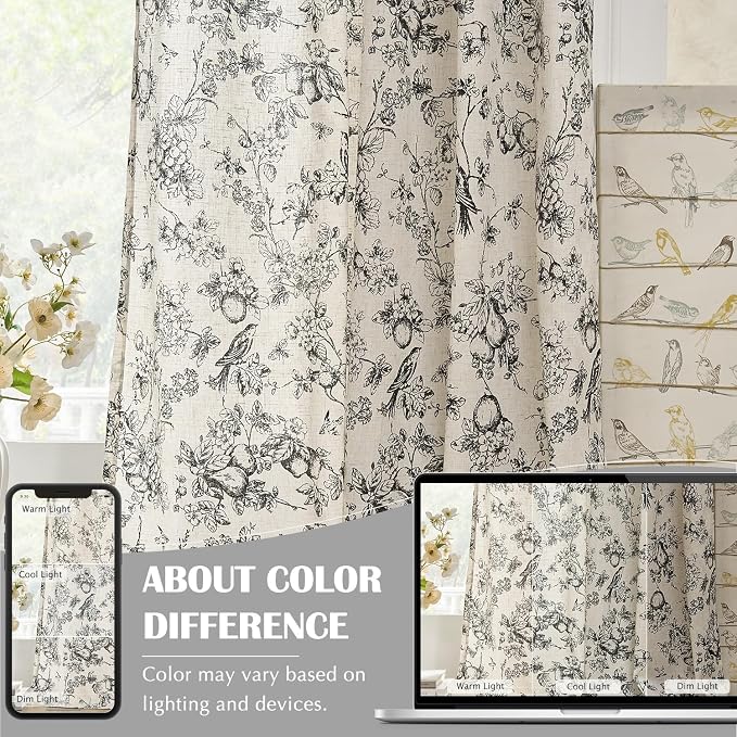 jinchan Linen Floral Curtains for Living Room 63 Inch Length Black Printed - Image 5