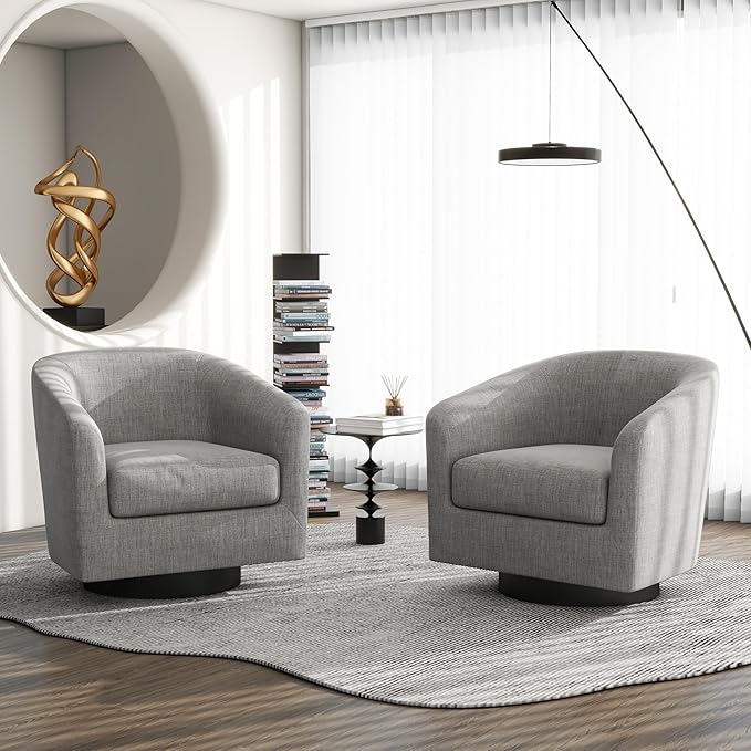 Swivel Barrel Accent Chair, Modern Round Linen Arm Chair for Living Room, Bedroom, Comfy Club Reading Chairs for Adults（Linen Fabric, Light Grey, Set of 1