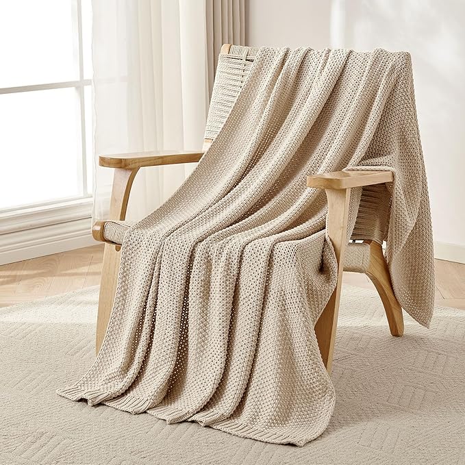 Joydeco Chunky Cable Knit Throw Blanket, Lightweight 100% Organic Cotton Soft Cozy Throw Twin Blanket for Couch Bed and Sofa, Rustic Breathable Farmhouse Blanket Gift for Women Men(Beige, 60"x80")
