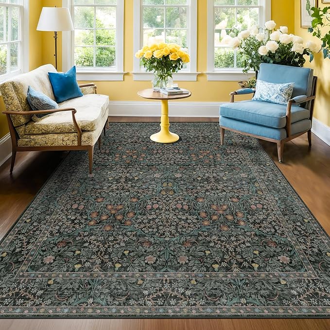 Washable Vintage 5x8 Living Room Rug, Dark Green Floral Area Rug - Image 8